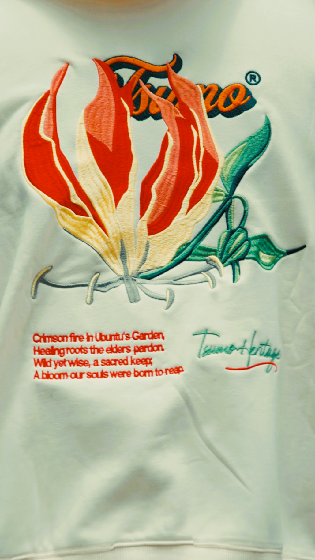 Flame Lily Embroidered Zip up Hoodie - Beige