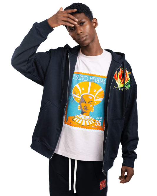 Flame Lily Embroidered Zip-up Hoodie - Black