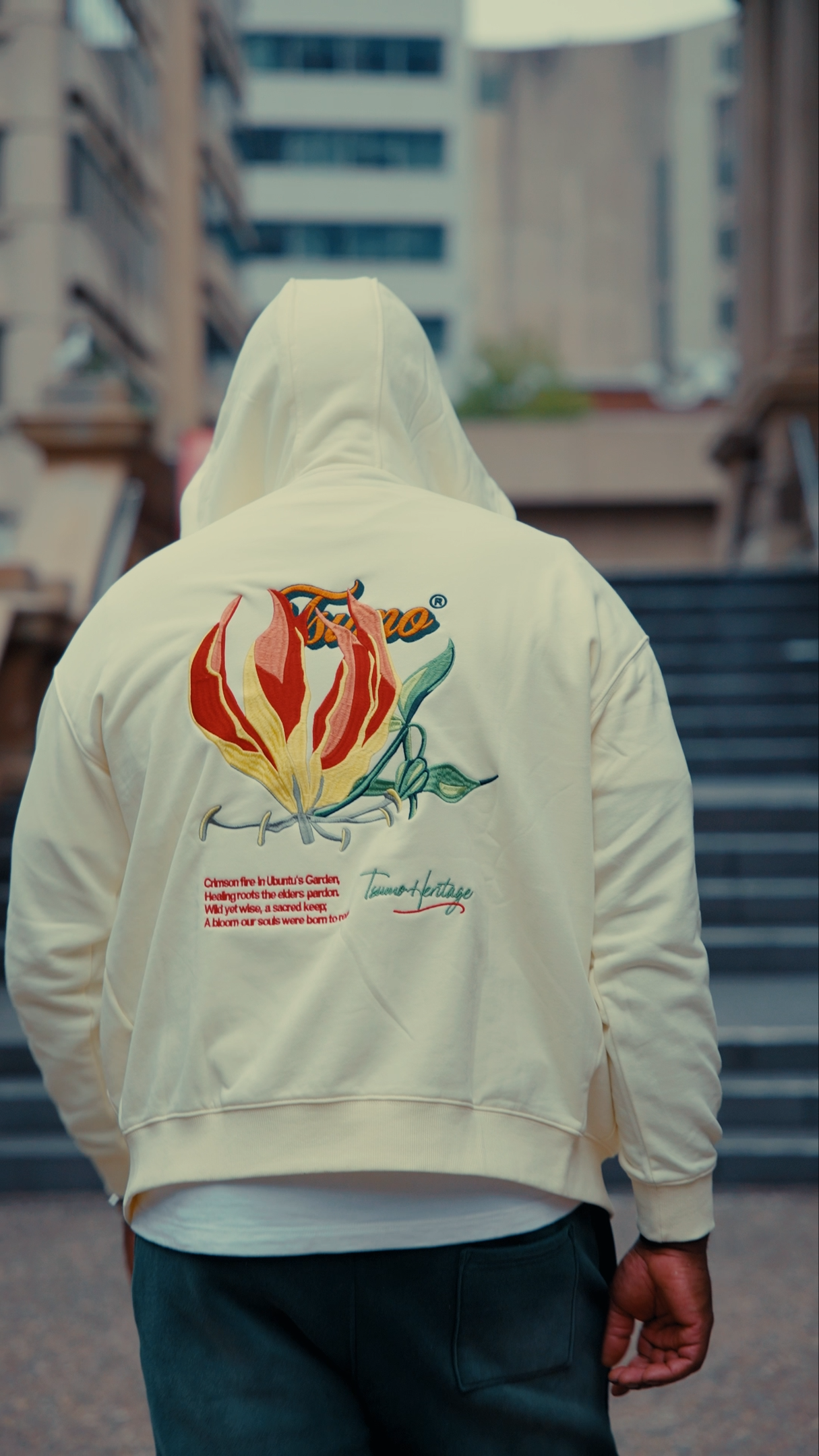 Flame Lily Embroidered Zip up Hoodie - Beige