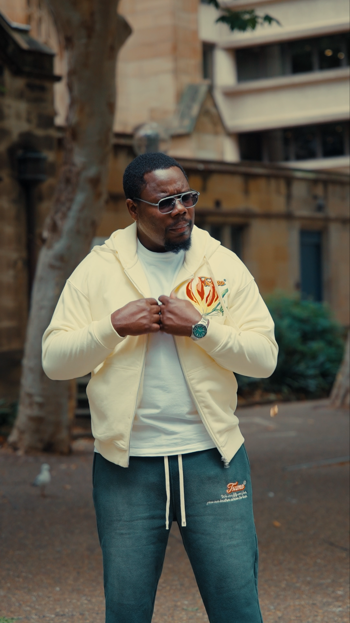 Flame Lily Embroidered Zip up Hoodie - Beige