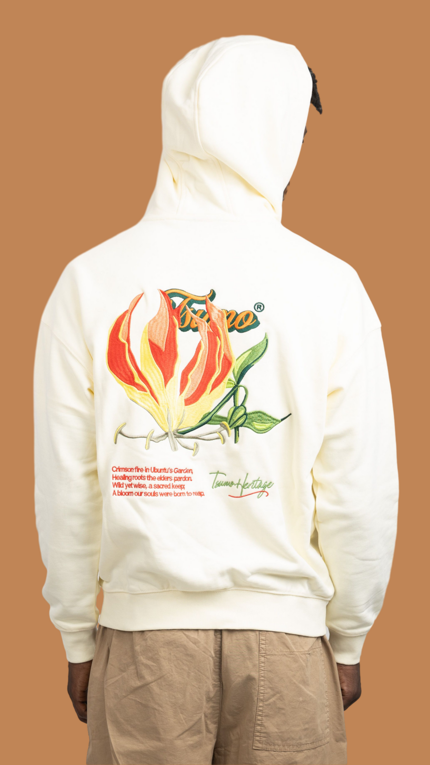 Flame Lily Embroidered Zip up Hoodie - Beige