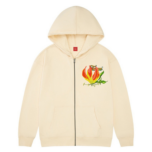 Flame Lily Embroidered Zip up Hoodie - Beige
