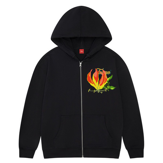 Flame Lily Embroidered Zip-up Hoodie - Black
